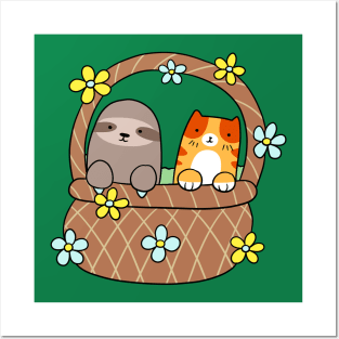 Basket Sloth and Tabby Cat Posters and Art